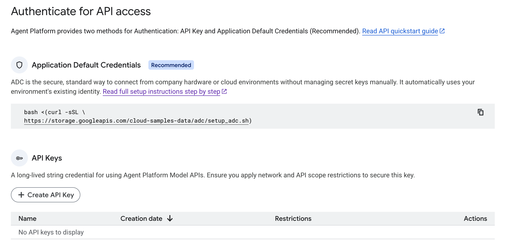 Agent Platform API Keys page